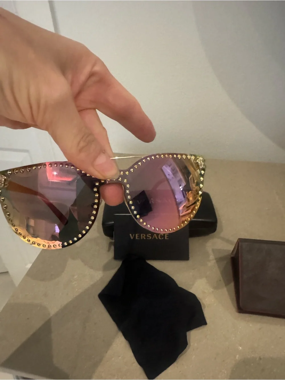 Versace Women's Gold-Stud Shield Sunglasses - Pink Gold Mirror